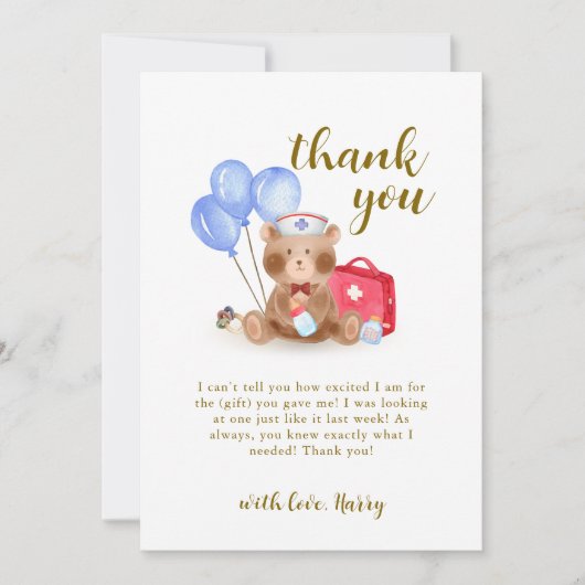 Niedlich Nurse Doctor Teddy Bear Balloon Babydusch Dankeskarte (Vorderseite)