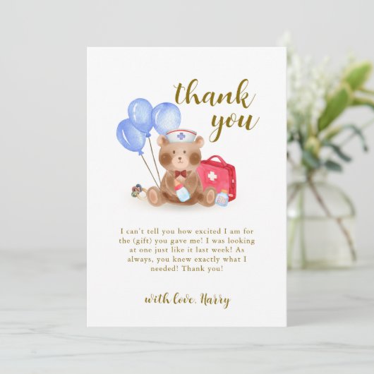 Niedlich Nurse Doctor Teddy Bear Balloon Babydusch Dankeskarte (Stehend Vorderseite)