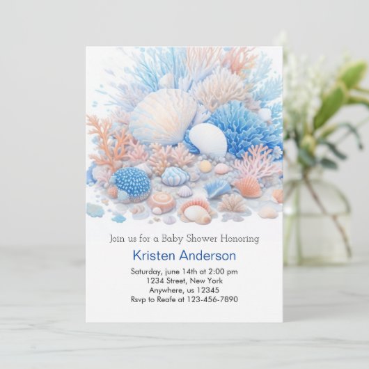 Niedlich Ocean Blissful Seashell Boho Boy Babydusc Einladung (Stehend Vorderseite)