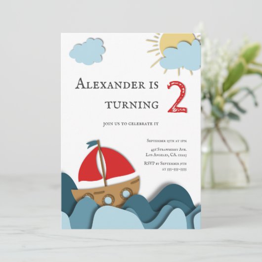 Niedlich Ocean Nautical Sail Boat Junge 2. Geburts Einladung (Stehend Vorderseite)