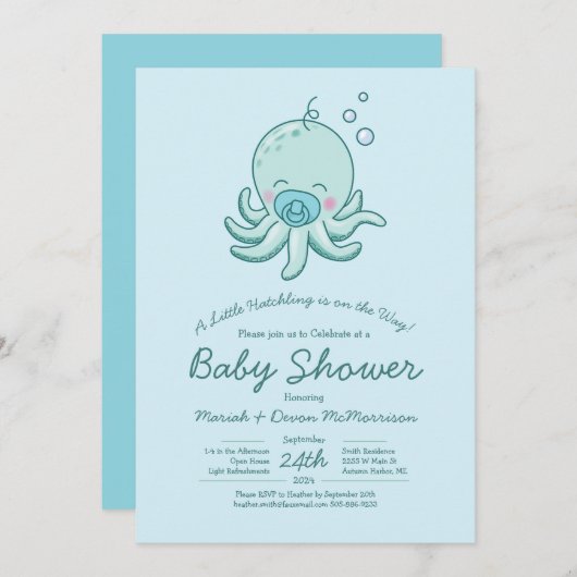 Niedlich Octopus Baby Shower Kawaii Blue Boy Einladung (Vorne/Hinten)