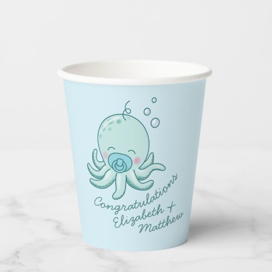 Niedlich Octopus Baby Shower Kawaii Blue Boy Pappbecher (Vorderseite)