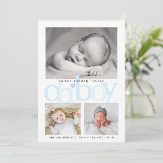 Niedlich Oh Boy Blue Heart Collage Foto Birth Ankündigung (Stehend Vorderseite)