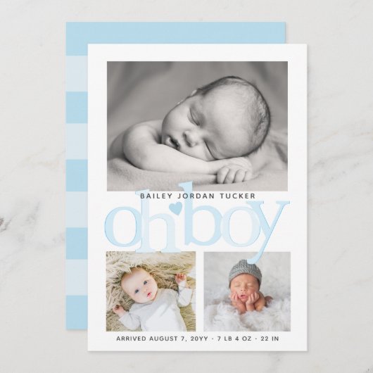Niedlich Oh Boy Blue Heart Collage Foto Birth Ankündigung (Vorne/Hinten)