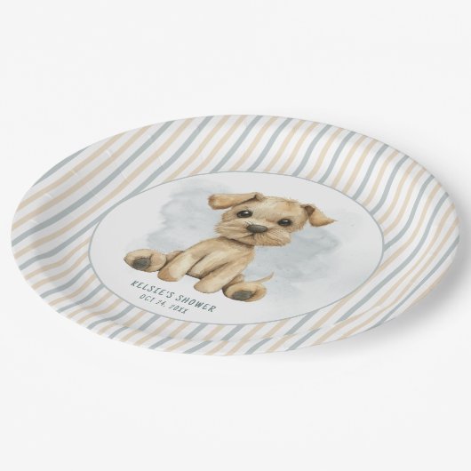 Niedlich Oh Boy Puppy Blue Baby Dusche Pappteller (Schrägansicht)