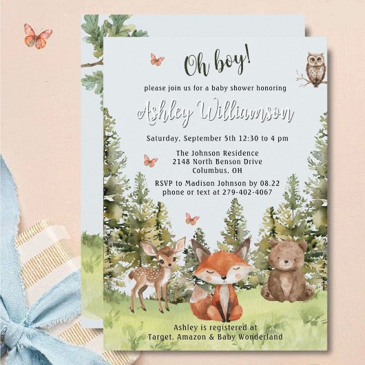 Niedlich Oh Boy Woodland Animals Grüne Kinderdusch Einladung