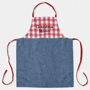 Niedlich Oma Red White Karo Blue Denim Print Schürze