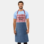 Niedlich Oma Red White Karo Blue Denim Print Schürze (Getragen)