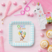 Niedlich One Albern Goose Blue Gingham 1. Geburtst Pappteller (Party)