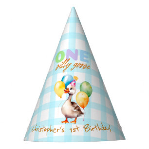 Niedlich One Albern Goose Boy Blue Gingham 1. Gebu Partyhütchen