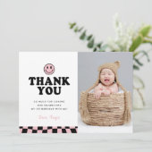 Niedlich One Happy Babe Happy Foto Girl 1. Geburts Dankeskarte (Stehend Vorderseite)