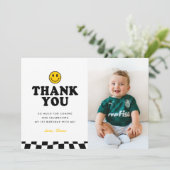 Niedlich One Happy Typ Happy Foto Boy 1. Geburtsta Dankeskarte (Stehend Vorderseite)