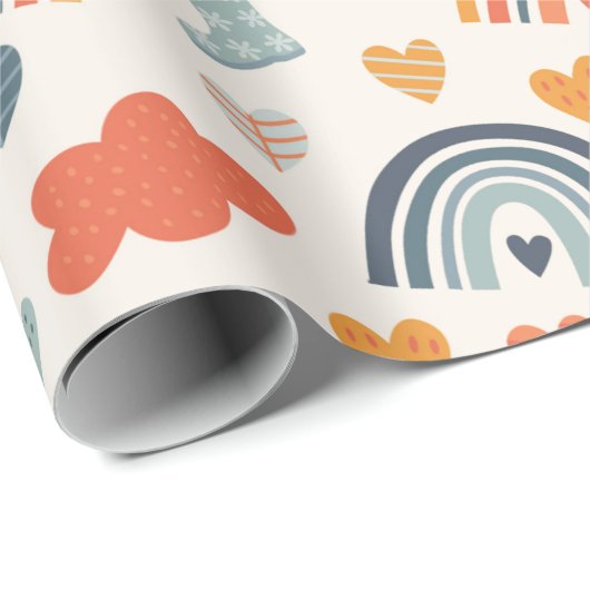 Niedlich Orange Blue Spring Rainbow Clouds Pattern Geschenkpapier (Rolleneckpunkt)