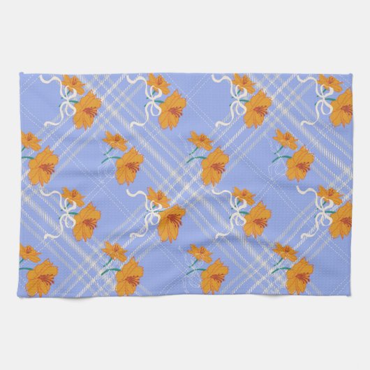 Niedlich Orange Blume Nahtlos auf Kariert Blue Geschirrtuch (Horizontal)
