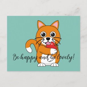 Niedlich Orange Cat Eating Apple Cartoon Text hi Feiertagspostkarte