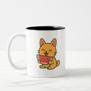 Niedlich Orange Cat Eating Watermelone Kawaii Ca Zweifarbige Tasse