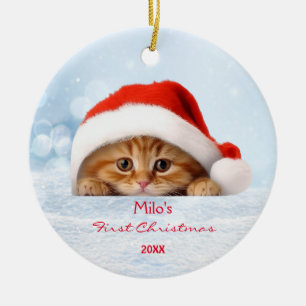 Niedlich Orange Cat Red Weihnachtsmannmütze Paw Pe Keramik Ornament