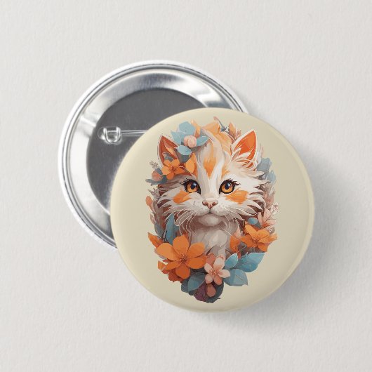 Niedlich Orange Floral Kitty Cat Button (Vorne & Hinten)
