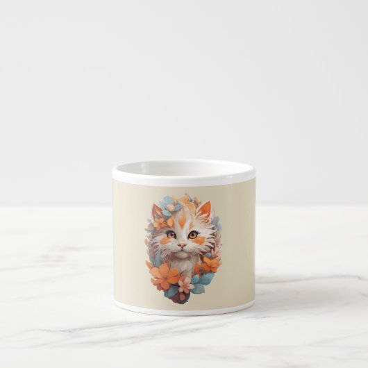 Niedlich Orange Floral Kitty Cat Espressotasse (Vorderseite)