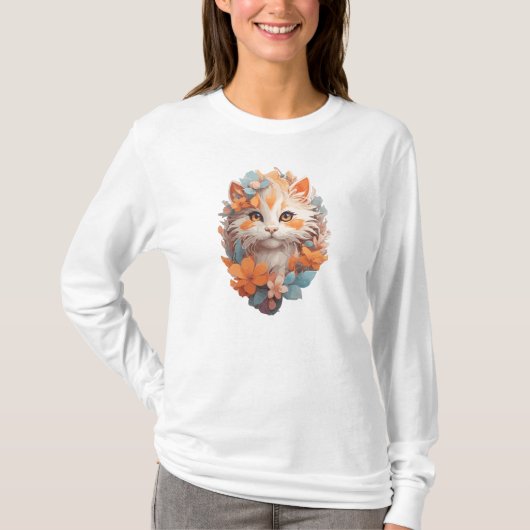 Niedlich Orange Floral Kitty Cat T-Shirt (Vorderseite)