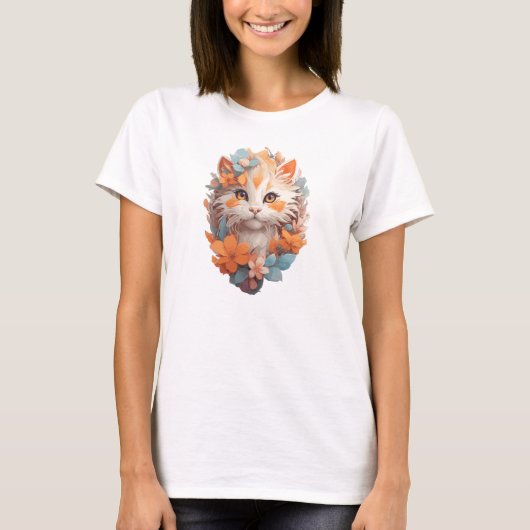 Niedlich Orange Floral Kitty Cat T-Shirt (Vorderseite)