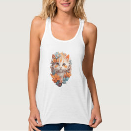 Niedlich Orange Floral Kitty Cat Tank Top