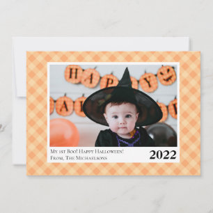 Niedlich Orange Gingham Kariert Halloween Fotokart Ankündigung