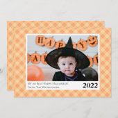 Niedlich Orange Gingham Kariert Halloween Fotokart Ankündigung (Vorne/Hinten)