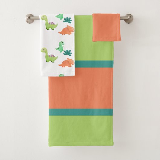 Niedlich Orange & Green Dinosaurier Badhandtuch Set (Insitu)