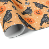 Niedlich Orange Halloween Crow Pumpkin Pattern Geschenkpapier (Rolleneckpunkt)