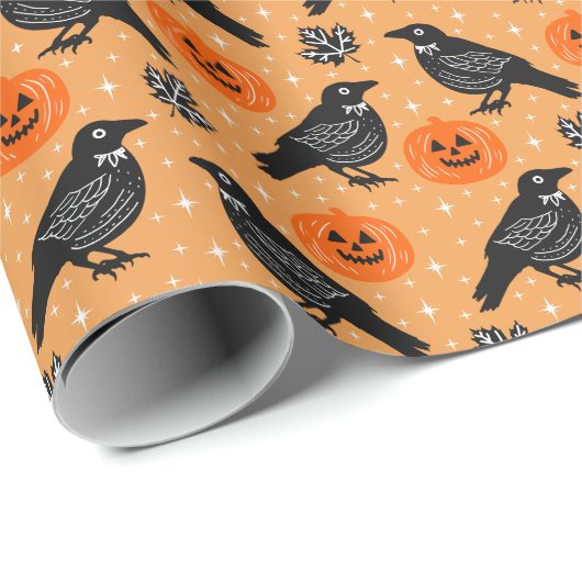 Niedlich Orange Halloween Crow Pumpkin Pattern Geschenkpapier (Rolleneckpunkt)