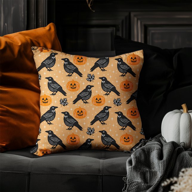 Niedlich Orange Halloween Crow Pumpkin Pattern Kissen (Von Creator hochgeladen)