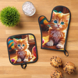 Niedlich Orange Kitten Art Ofenhandschuh & Topflappen-Set