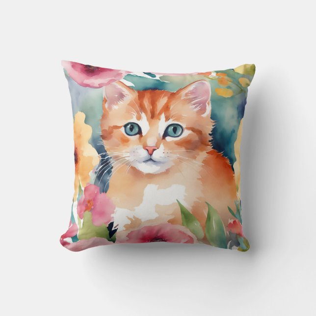 Niedlich Orange Kitten Blume Aquarellfarben Kissen (Vorderseite)