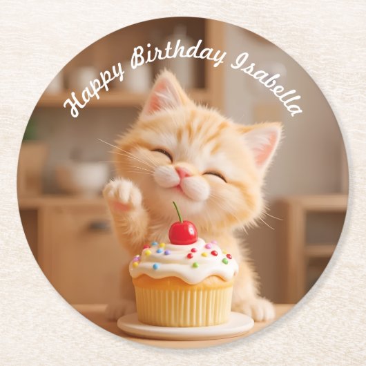 Niedlich Orange Kitten mit einem Cupcake Runder Pappuntersetzer (Vorderseite)