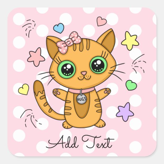 Niedlich Orange Kitty Cat pink Polka Dot personali Quadratischer Aufkleber (Vorderseite)