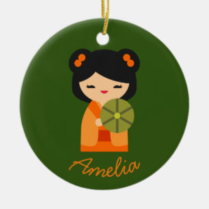 Niedlich orange Kokeshi Japanische Puppen Keramik Ornament