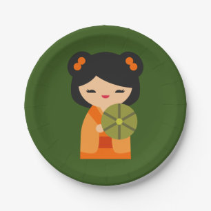 Niedlich orange Kokeshi Japanische Puppen Pappteller