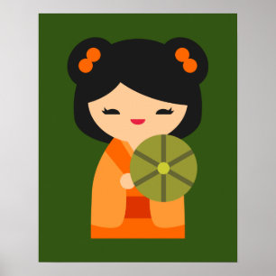 Niedlich orange Kokeshi Japanische Puppen Poster
