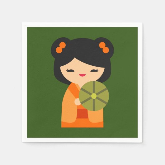 Niedlich orange Kokeshi Japanische Puppen Serviette (Vorderseite)