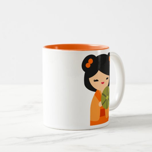 Niedlich orange Kokeshi Japanische Puppen Zweifarbige Tasse (VorderseiteRechts)