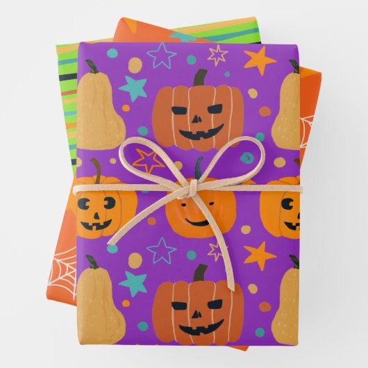 Niedlich Orange Lila Green Fun Halloween Muster Geschenkpapier Set (Beispiel)
