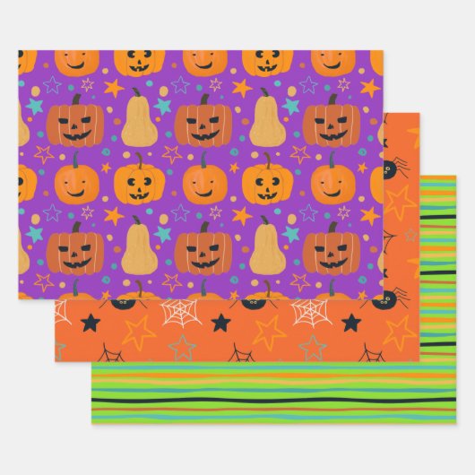 Niedlich Orange Lila Green Fun Halloween Muster Geschenkpapier Set (Set)