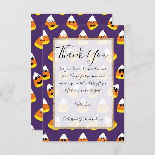 Niedlich Orange Lila Halloween Emoji Candy Corn Dankeskarte (Vorne/Hinten)