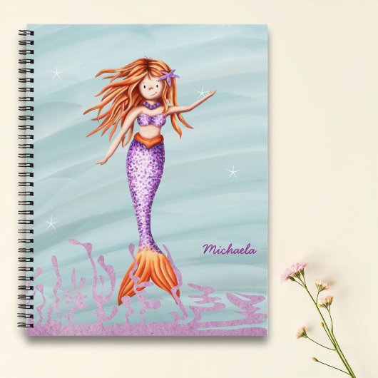 Niedlich Orange Lila Mermaid Illustration Notizblock