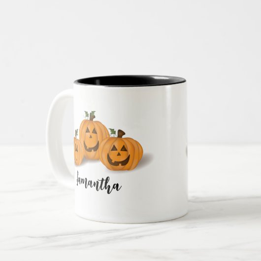 Niedlich Orange Pumpkins Personalisiert Halloween Zweifarbige Tasse (Vorderseite Links)