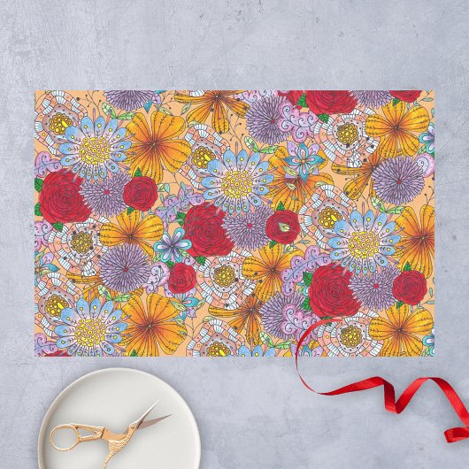 Niedlich Orange Red Lila Garden Doodle Blume Seidenpapier