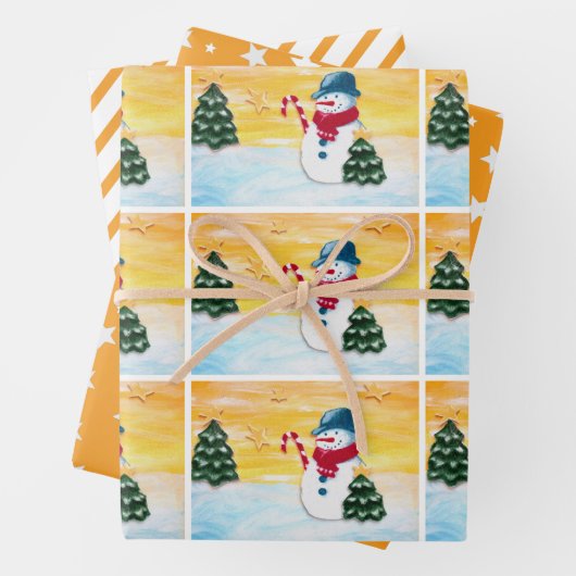 Niedlich Orange Snowman Christmas Tree Star Patter Geschenkpapier Set (Beispiel)