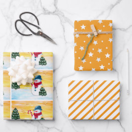 Niedlich Orange Snowman Christmas Tree Star Patter Geschenkpapier Set