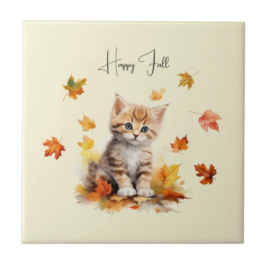 Niedlich Orange Tabby Kitten in Herbstlauben Fliese (Vorderseite)